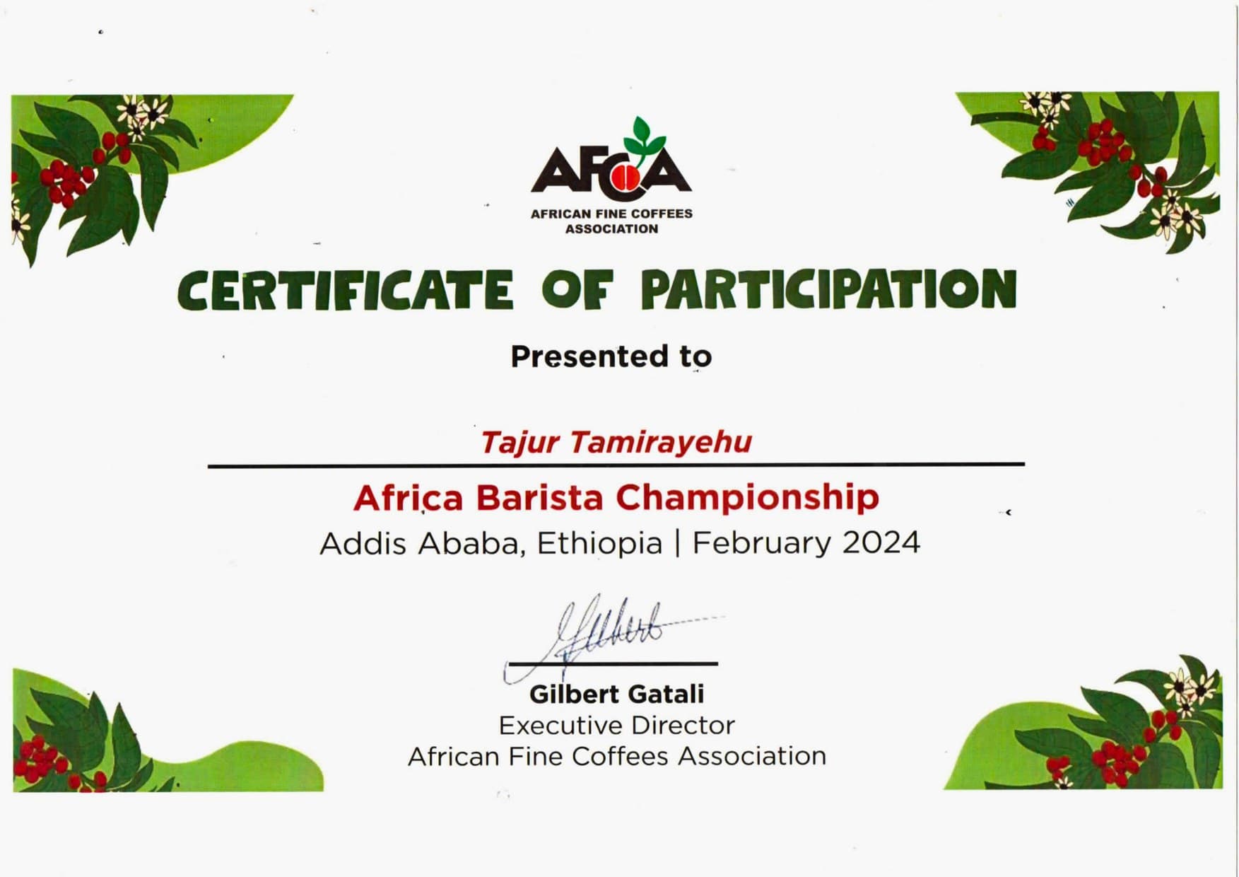 Certificate of participation, Africa Barista Championship, Addis Ababa