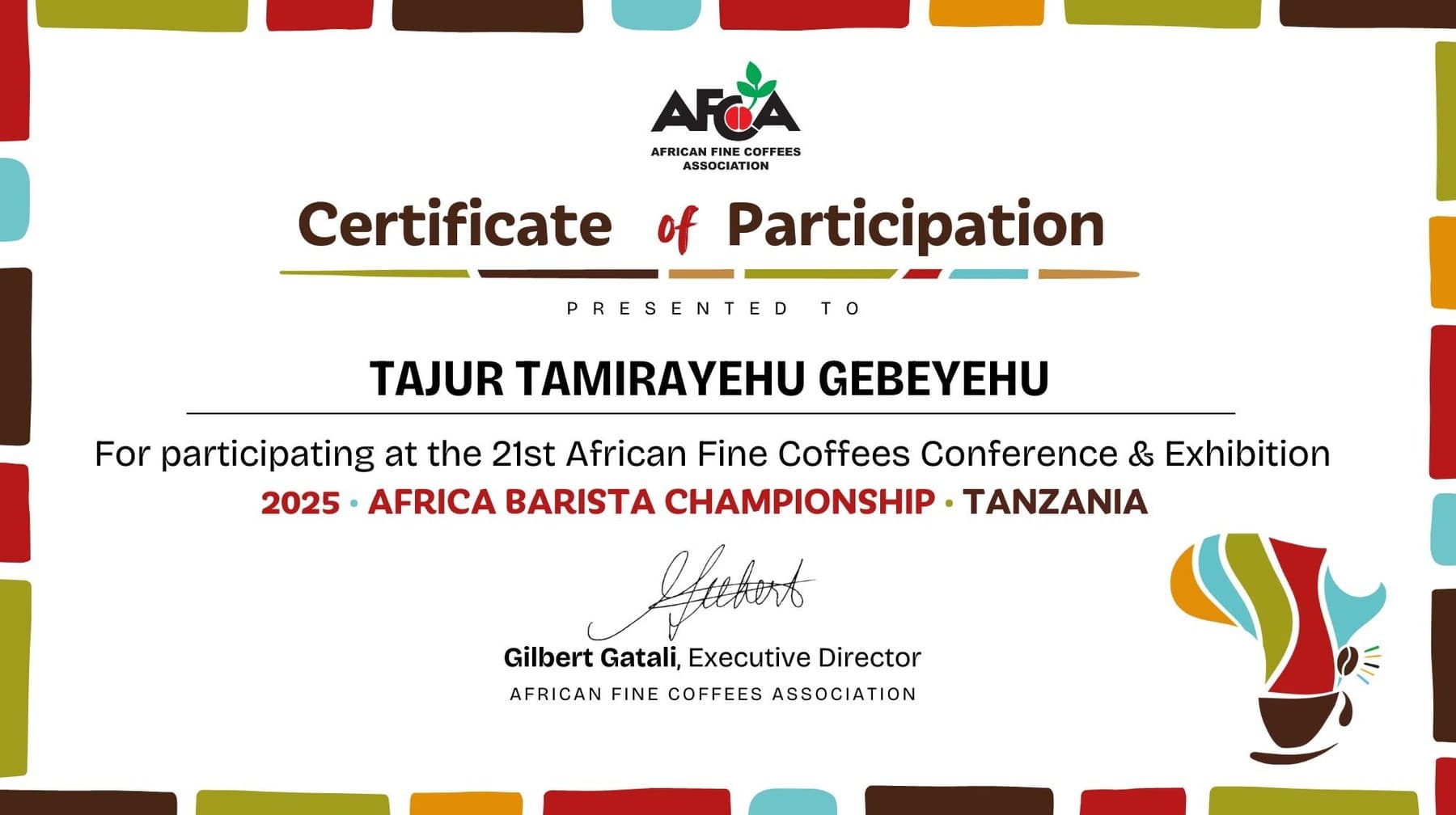 Certificate of participation, 2025 Africa Barista Championship, Tanzania