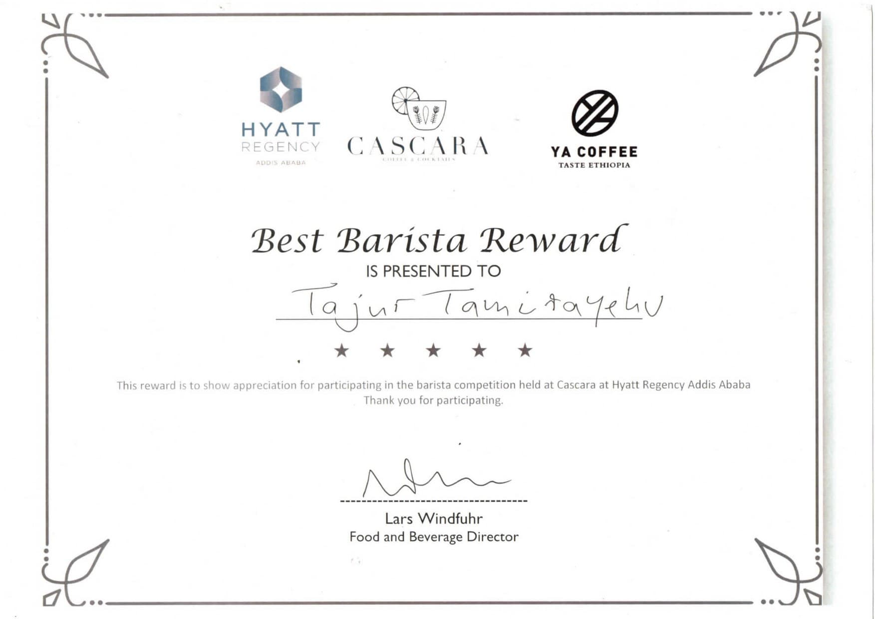 Best Barista Reward, presented to Tajur Tamirayehu